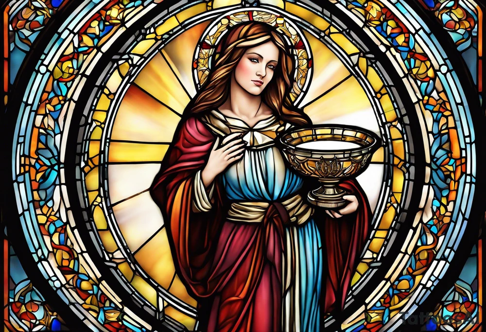 holy saint woman with halo stained glass holding a chalice with artillery tattoo idea