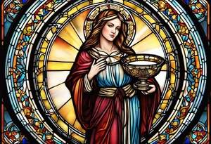 holy saint woman with halo stained glass holding a chalice with artillery tattoo idea