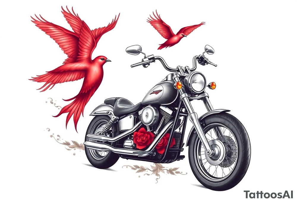 Harley motorcycle driving away, two red birds flying, roses and lace, flames tattoo idea