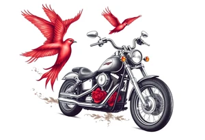 Harley motorcycle driving away, two red birds flying, roses and lace, flames tattoo idea
