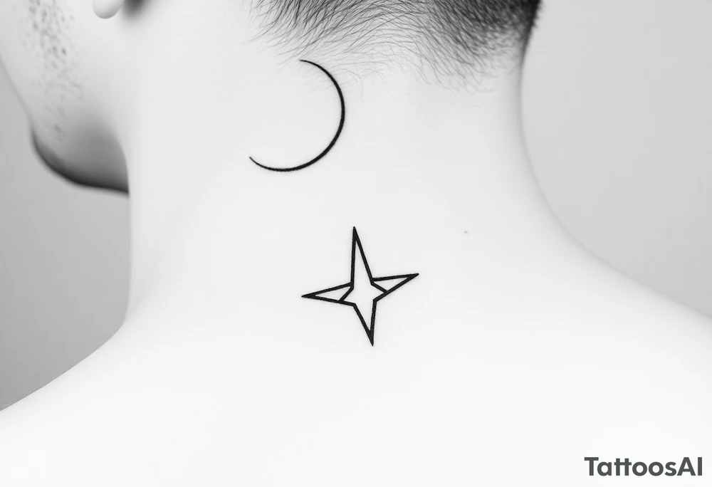 A minimalist crescent moon neck tattoo with a sleek, modern design. The crescent moon is positioned at the top, curving to the left, with a thin, clean line. Below the moon, there is a vertical line intersected by a sharp, star-like shape with four points. The star shape has elongated top and bottom points, giving it a clean, symmetrical look. The tattoo is placed behind the ear, following the natural curve of the neck. The lines are crisp and delicate, creating a stylish, celestial vibe." tattoo idea