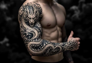 storm clouds and lightning mixed throughout, eastern dragon wrapping around the arm with head at the inside wrist, tattoo idea