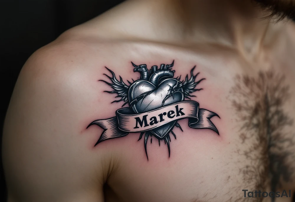 A metallic silver heart with a banner wrapped around it that reads Marek. tattoo idea