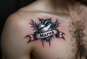A metallic silver heart with a banner wrapped around it that reads Marek. tattoo idea