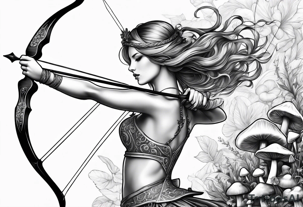 Recurve bow and arrow, mushrooms, fairies tattoo idea