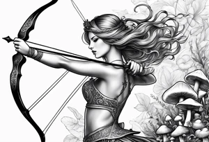 Recurve bow and arrow, mushrooms, fairies tattoo idea