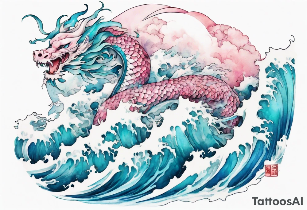 a beautiful turquoise pink and white Fafnir rising from the blue waves of the ocean tattoo idea
