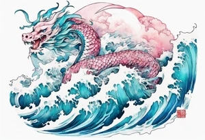 a beautiful turquoise pink and white Fafnir rising from the blue waves of the ocean tattoo idea