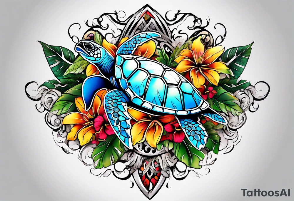 Steve and chest, Viking, Hawaiian, sea Turtle, flowers tattoo idea