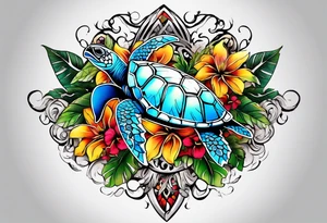 Steve and chest, Viking, Hawaiian, sea Turtle, flowers tattoo idea