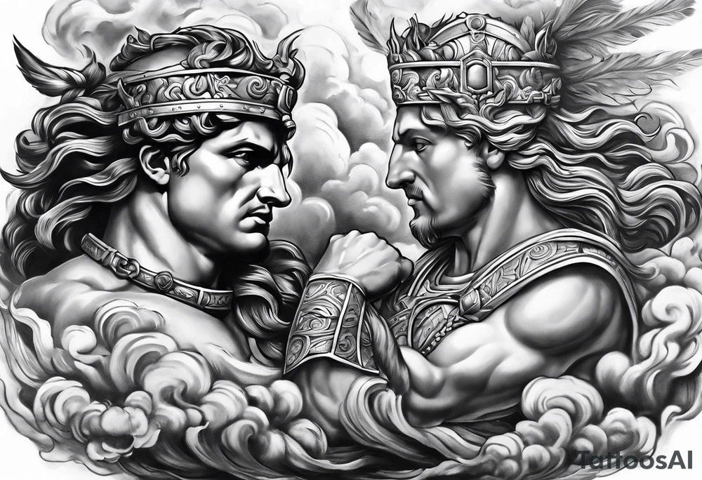 rome, fight, gods, mytology, fire, hourses, clouds realisctic tattoo idea