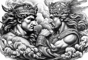 rome, fight, gods, mytology, fire, hourses, clouds realisctic tattoo idea