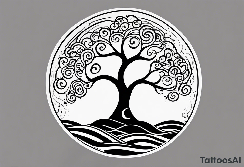an abstract Tree of life tattoo design. Black and white. It should have roots growing out of the bottom. The roots slowly transform into water waves from the great wave by Hokusai. A golf ball should be placed discreetly. Like in the place of a moon. 2 license plate tags should be hanging from the tree. Place a few music notes. The letters A U should be engraved into the tree trunk in a heart tattoo idea