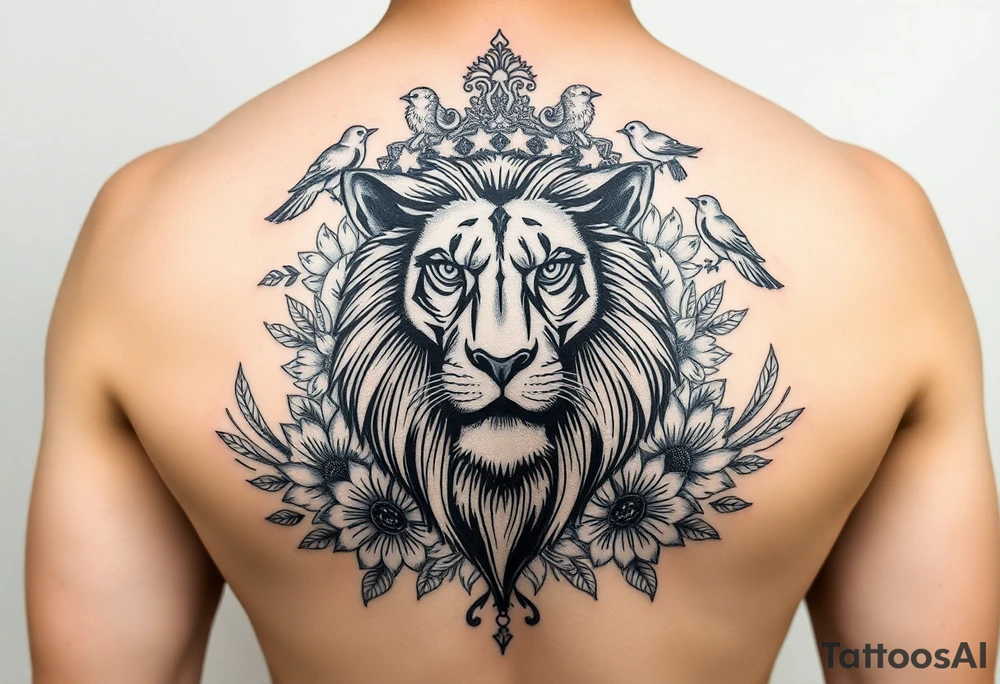 powerful majestic lion with a crown, surrounded by floral ornaments and birds tattoo idea