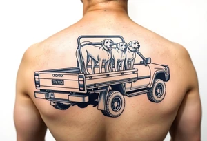 N70 toyota hilux hunting car with dogs standing on the back of the tray tattoo idea