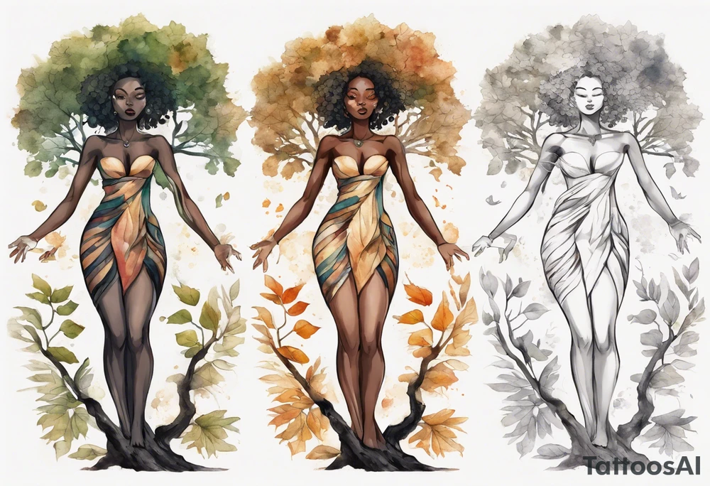 a tree trunk with roots that is a beautiful black woman from the waist up, arms reaching up to the sun, wearing a tunic made out of leaves tattoo idea