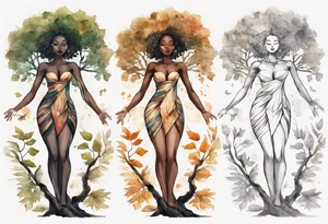 a tree trunk with roots that is a beautiful black woman from the waist up, arms reaching up to the sun, wearing a tunic made out of leaves tattoo idea