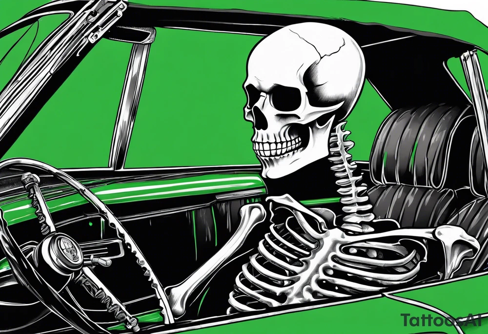 Skeleton smoking a cigarette driving a green 1976 convertible Corvette tattoo idea