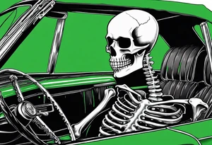 Skeleton smoking a cigarette driving a green 1976 convertible Corvette tattoo idea