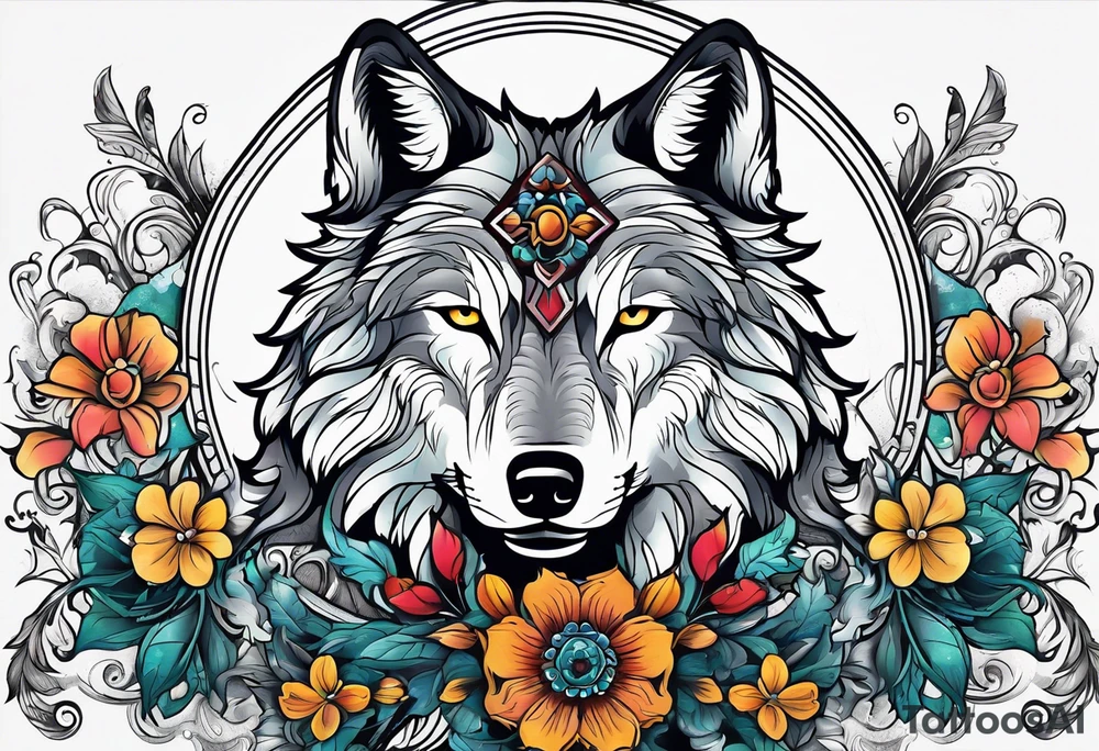 Wolf, flower, cross tattoo idea
