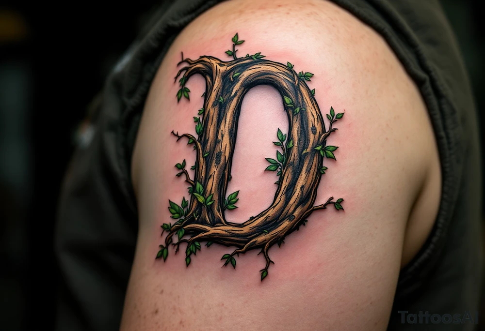 Woodland D – A naturalistic D formed from twisting wood branches, with tiny green leaves and bark texture. tattoo idea