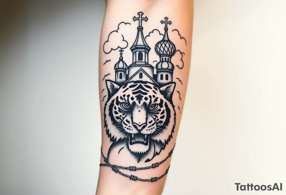 Non cartoon looking tiger on the hand with barb wire at the bottom and then above the tiger do a traditional Russian Orthodox Church with the orthodox traditional cross as the spire in clouds then Virgin Mary above overlooking with hands together on heart tattoo idea