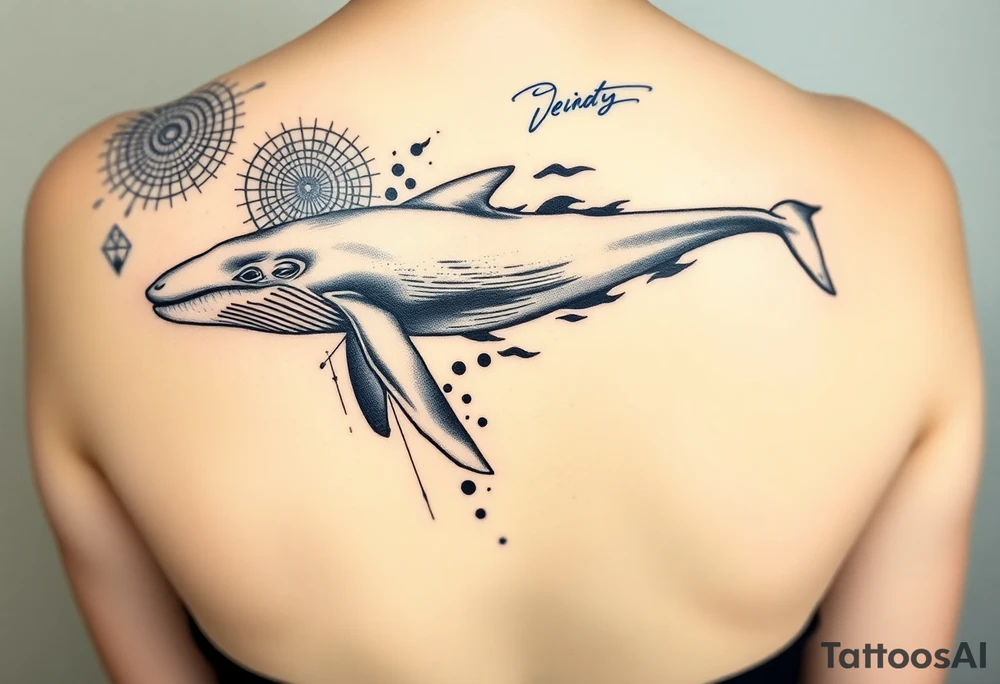 “A realistic-style humpback whale swimming forward across the upper bicep, with its tail transitioning into abstract brushstrokes and artistic smudges. Background includes sacred geometric shapes (circles, triangles, lines) integrated subtly, and a detailed Maori/Polynesian tribal tattoo only on the shoulder area. Add expressive blue calligraphic scribbles – more like ink gestures than text. tattoo idea