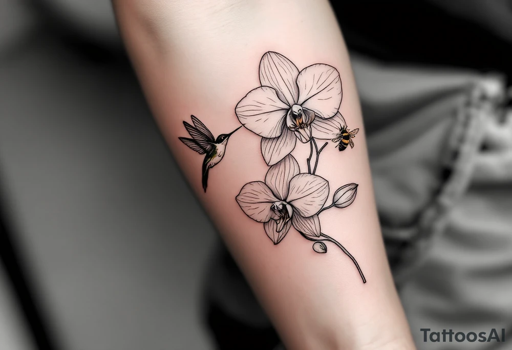 A delicate, black and white fine-line tattoo for male, featuring gracefully detailed 2 orchids in full bloom including their stems, with soft, intricate petals and elegant curves. Beside it, a hummingbird hovers mid-flight, its wings drawn with subtle motion lines, its slender beak reaching toward the orchid’s center to drink its nectar. on the other flower there is a bee that is resting tattoo idea