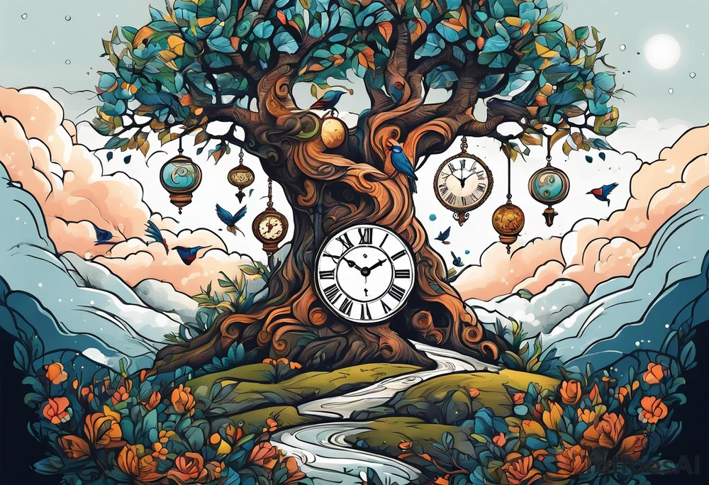 Masculine tree of life with birds, clock and birthdates tattoo idea