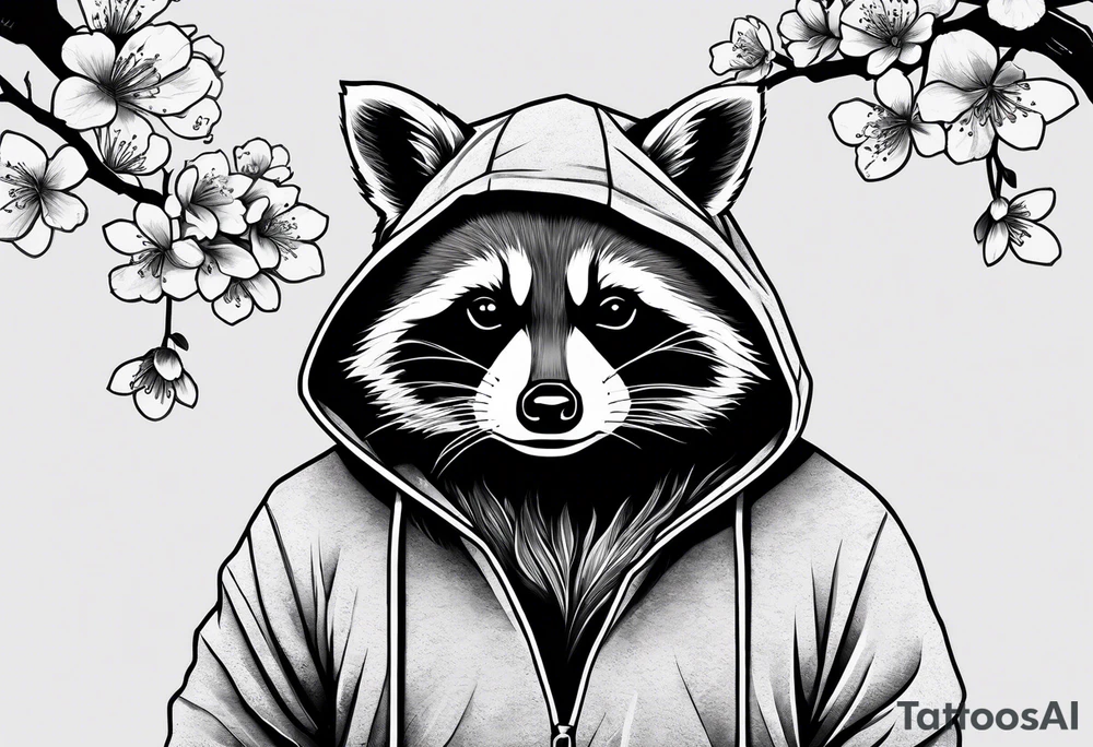 Raccoon wearing a Superman hoodie and Japanese cherry blossoms tattoo idea