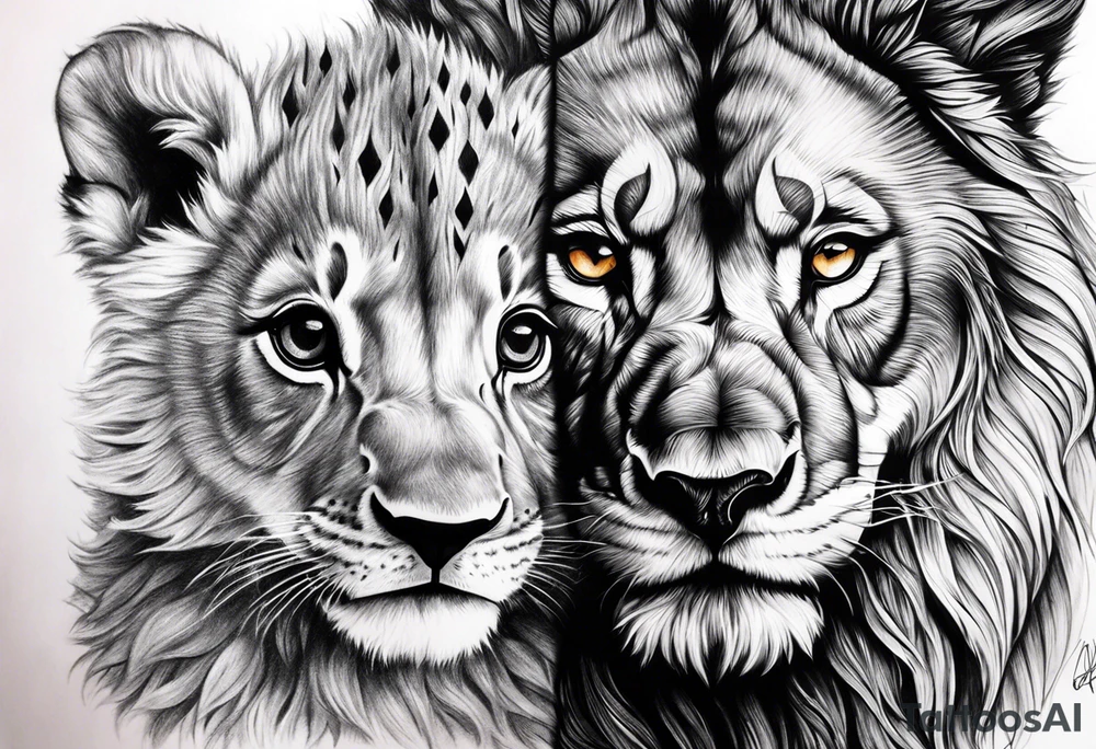 Baby lion and baby wolf tattoo idea