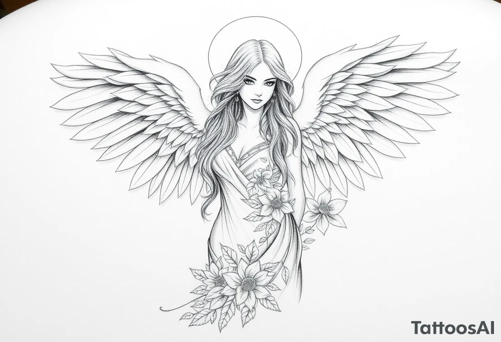 .


🌟 Image 2: Angelic Woman Tattoo Design
 
A beautifully detailed pencil sketch of an angelic woman with long flowing hair and magnificent feathered wings. She wears a flowing, nature-inspired gown adorned with floral and leaf patterns, blending elegance and divine femininity. Her expression is serene yet strong. The feathers and fabric flow gracefully around her, creating a sense of lightness and movement. The black-and-white pencil drawing gives it a timeless, classical tattoo appeal.

Keywords: angel woman, divine beauty, feathered wings, floral gown, feminine strength, heavenly figure, pencil sketch, classic tattoo tattoo idea