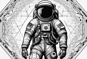 Astronaut floating in space with sacred geometry and hexagonal shapes tattoo idea
