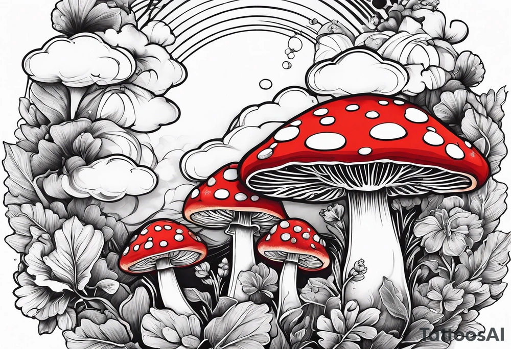 japenese clouds surrounds fly agaric mushroom tattoo idea