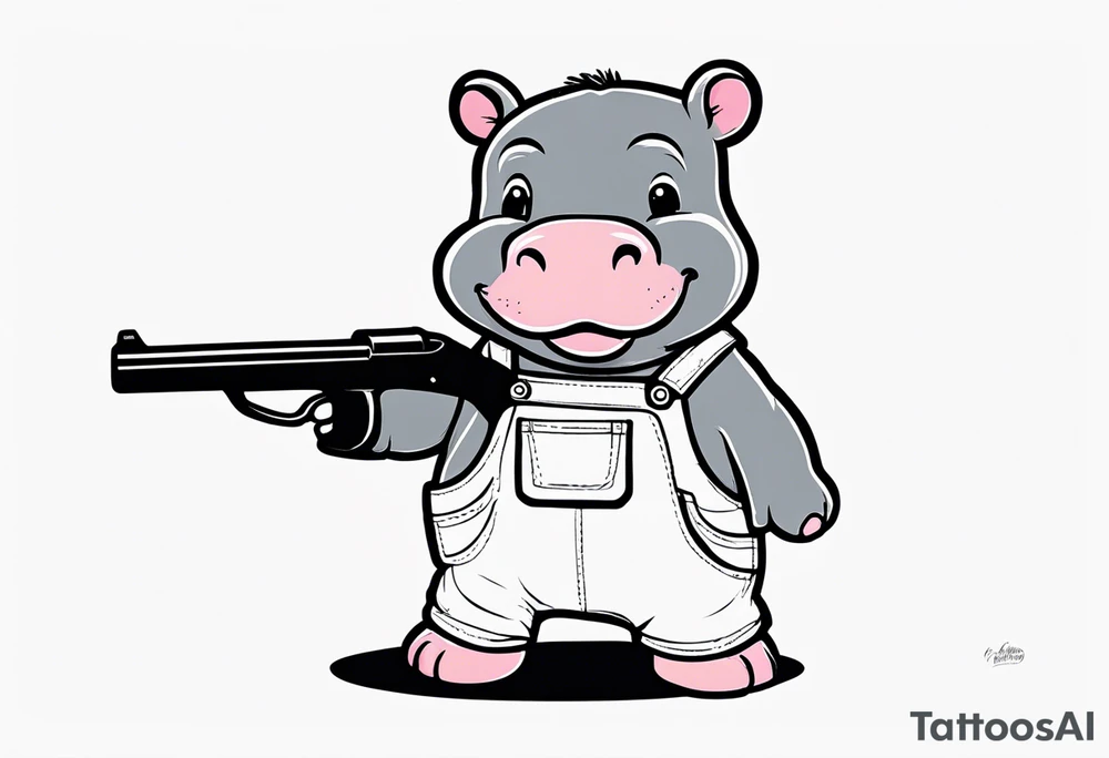 Baby hippo wearing overalls and holding a shotgun tattoo idea