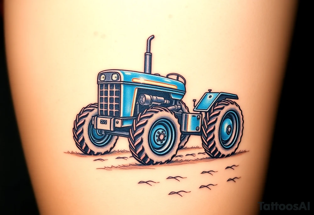 A detailed blue tractor with headlights glowing, standing proudly on a freshly tilled farm field. tattoo idea