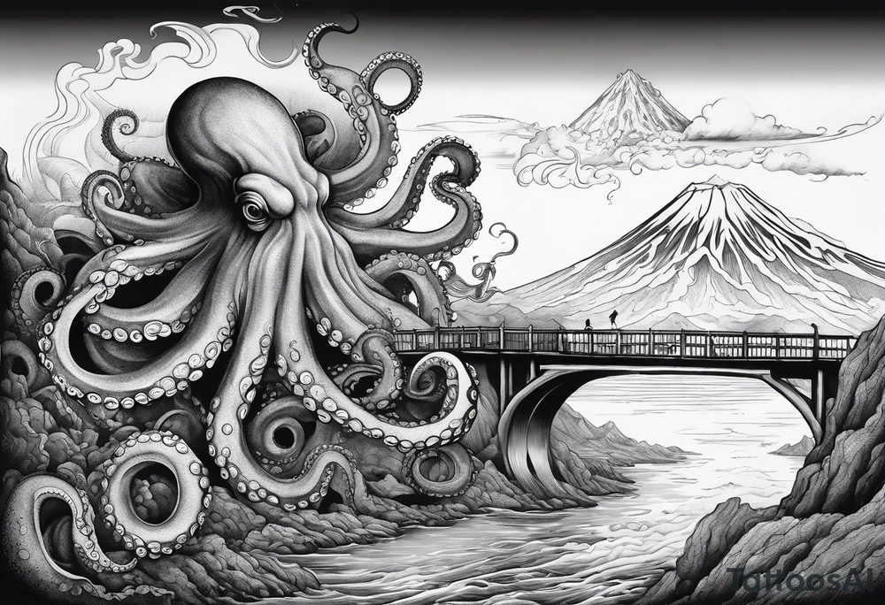 Octopus attacking a bridge with volcano in background erupting tattoo idea