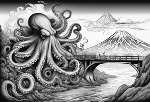 Octopus attacking a bridge with volcano in background erupting tattoo idea