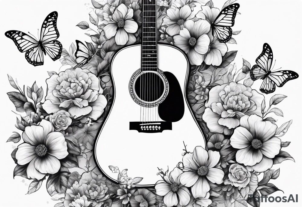 Guitar with flowers growing off the side, butterflies, small tattoo idea