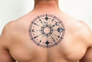 Zodiac constellation map with sagittarius mom two cancer kids and 2 aries kids with stars and Jupiter,  mars, and the moon as ruling planet tattoo tattoo idea