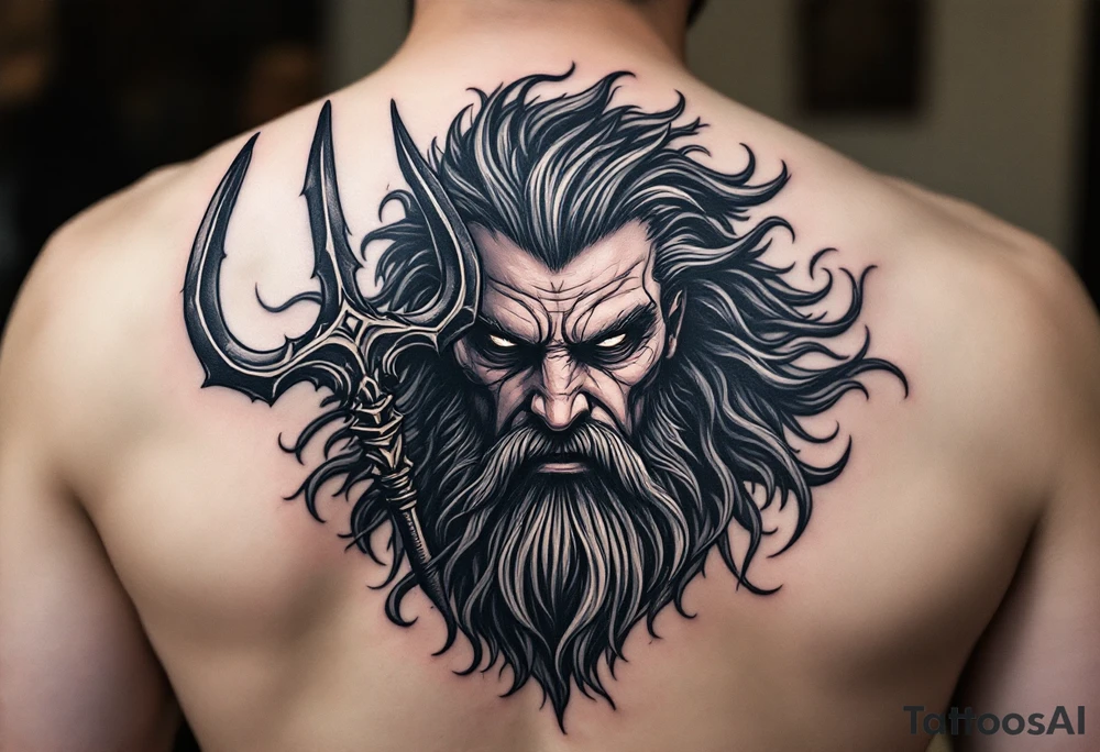 poseidon with huge trident in front of his face tattoo idea