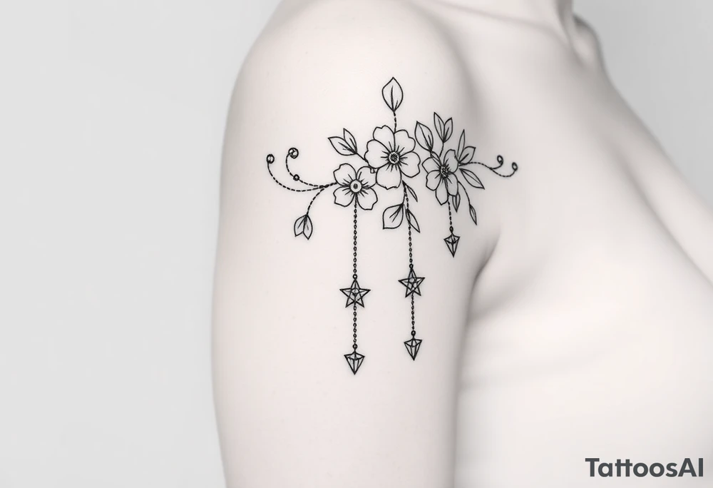 Vintage floral lace and delicate jewelry inspired with draping chains and 5 pointed crystal star charms. Make it cover the entire upper arm/shoulder please tattoo idea