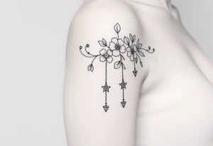 Vintage floral lace and delicate jewelry inspired with draping chains and 5 pointed crystal star charms. Make it cover the entire upper arm/shoulder please tattoo idea