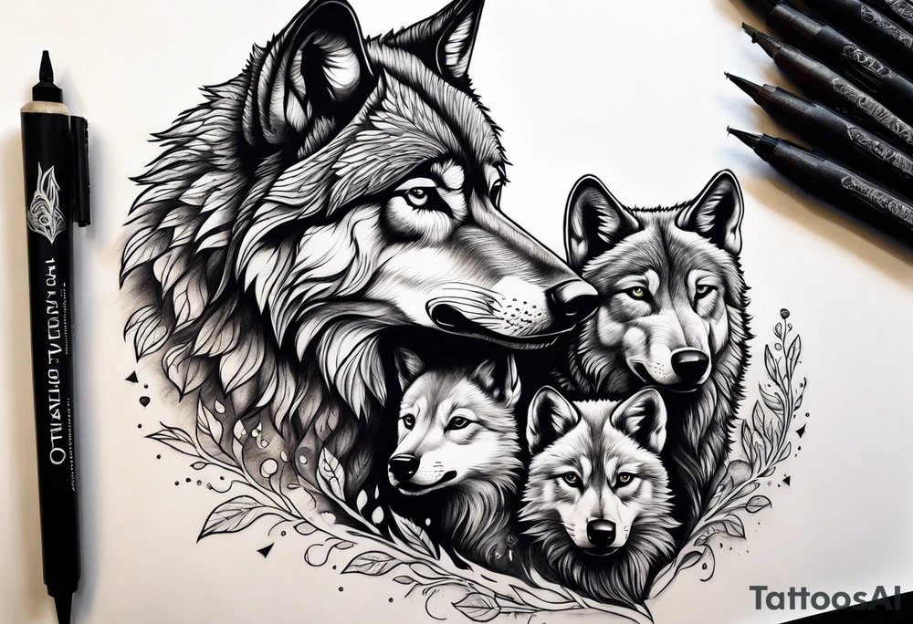 Alpha wolf with two cubs tattoo idea