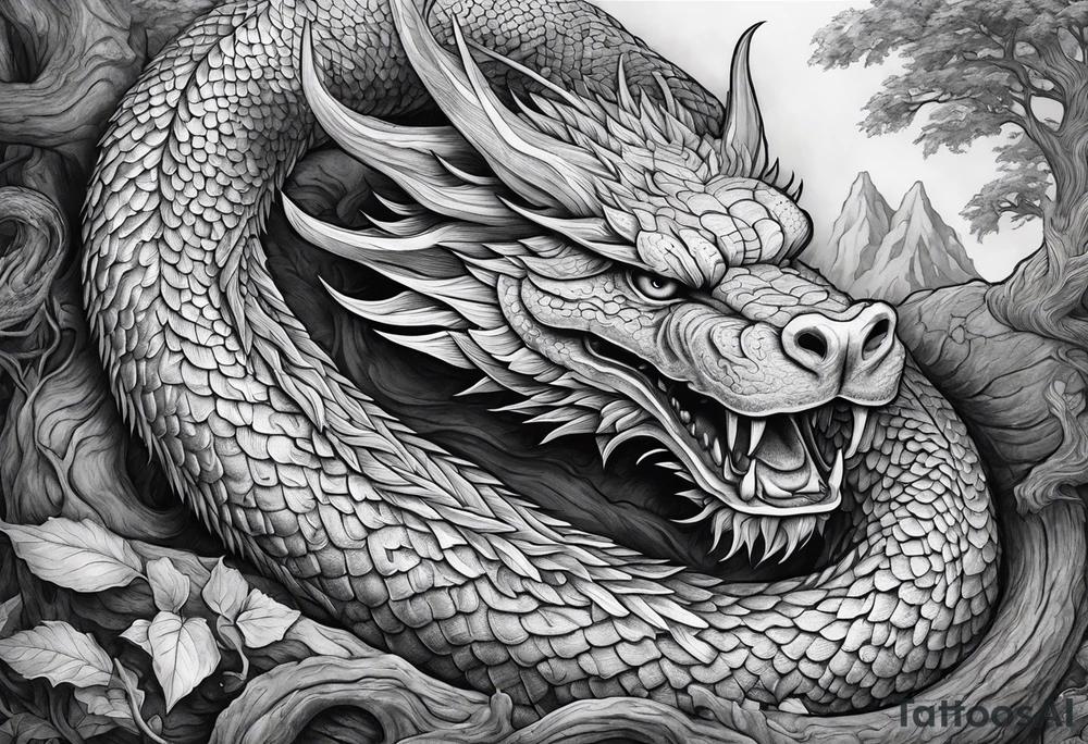 Norse mythology, ultra detail, realistic, nidhogg, serpent,  world tree, tattoo idea