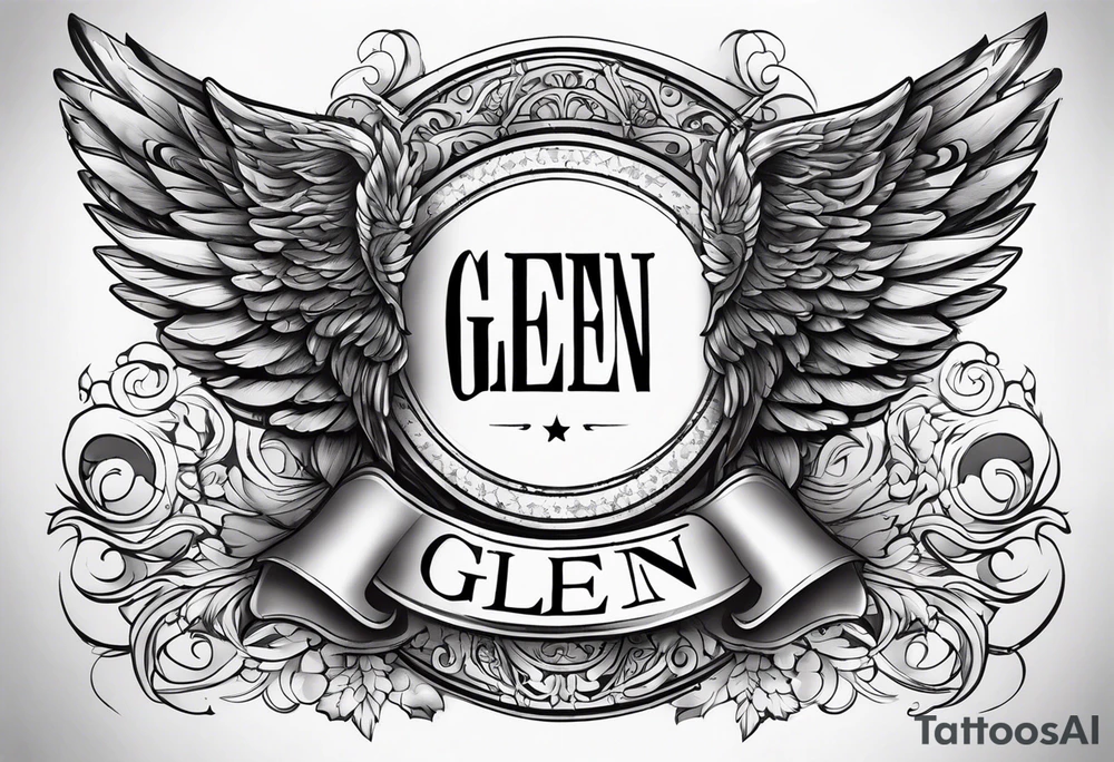 The word Glenn on a banner with angel Wings tattoo idea