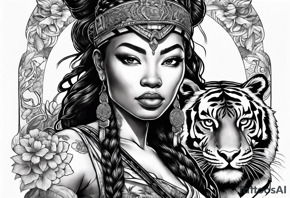 Jamaican goddess with sword in hand and tiger Japanese traditional style tattoo idea