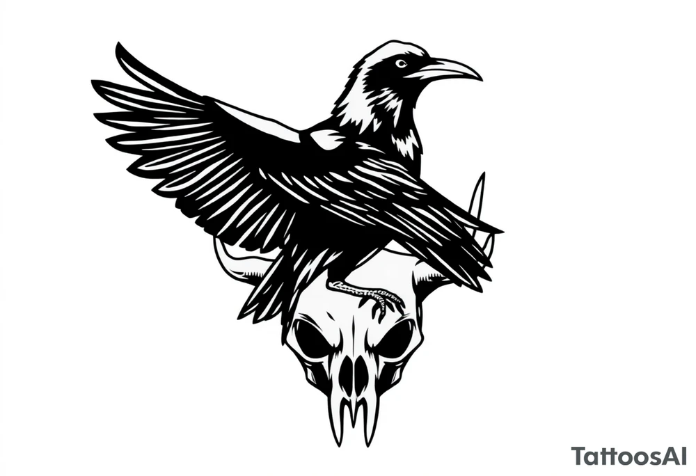 Crow with mushroom in its beak, standing on an animal skull tattoo idea