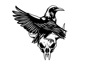 Crow with mushroom in its beak, standing on an animal skull tattoo idea