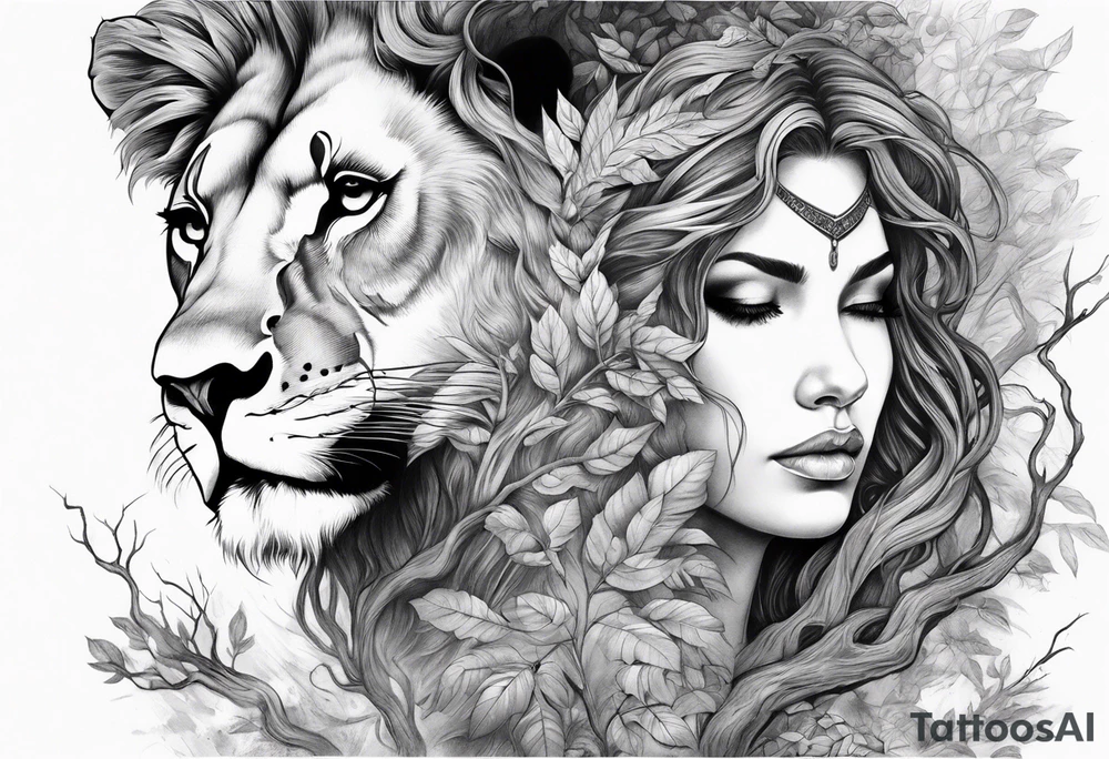 Forest goddess looking down side profile  tree branches forming her face with smoke a full male lions head facing her as to protect her middle arm sleeve tattoo idea